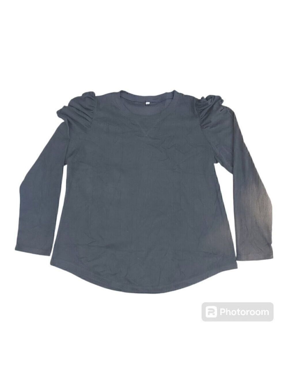 Women's Black Polyester Blend Long-Sleeved Shirt W/Puffy Ruched Shoulders, 2XL